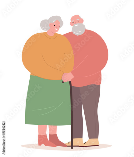 Elderly couple together. Old men husband and wife hugging. Vector flat graphics.