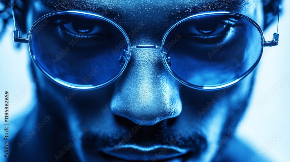 Close-up of a young man wearing blue-tinted round sunglasses, with a focused expression against a soft blue background Close-up of a young man wearing blue-tinted round sunglasses, with a focused expression against a soft blue background