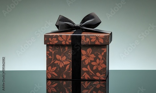 Brown gift box with black ribbon on reflective surface.