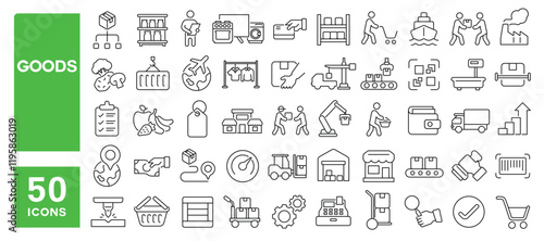 Set of 50 line icons related to goods, production, industrial, trade, market, product, customer, buy, delivery, packaging, Editable stroke. Vector illustration