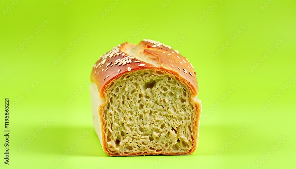 Fototapeta premium A golden-brown loaf of sesame seed bread, freshly baked and sliced, is presented against a vibrant green background. The image showcases the bread's texture, from its crisp crust to its soft, airy cru