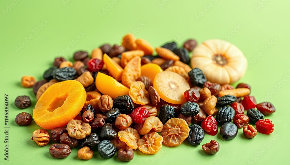 Obraz premium A vibrant mix of dried fruits and candied pumpkin pieces, arranged on a green background. This studio shot showcases the colorful assortment of apricots, cranberries, raisins, and more, highlighting t