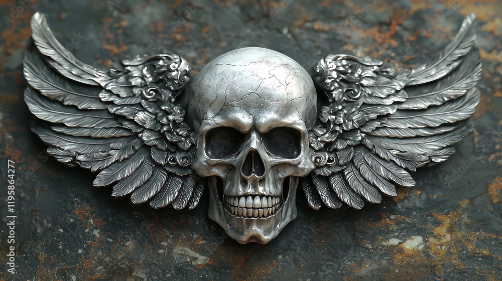Silver Winged Skull: Intricate 3D Wall Art Decoration, 銀の翼を持つ頭蓋骨: 緻密な3Dウォールアートデコレーション.Generative AI Silver Winged Skull: Intricate 3D Wall Art Decoration, 銀の翼を持つ頭蓋骨: 緻密な3Dウォールアートデコレーション.Generative AI