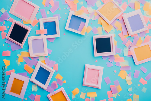 The image features a vibrant blue background adorned with colorful confetti and a scattering of various pastel-colored photo frames photo