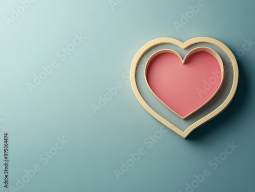 Soft pastel colored layered wooden heart frame with an inner pink heart set against a gradient blue background blending natural materials and modern design