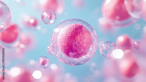 3D-rendered embryonic cells under a microscope, showcasing cellular structure with vivid pink hues and a soft blue background. Ideal for medical visuals.