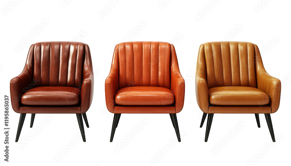 Fototapeta premium Three Leather Armchairs in Brown Orange Tan Modern Home Decor