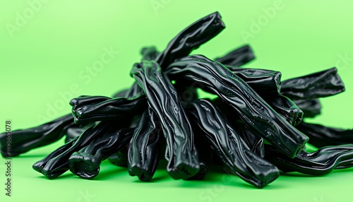 Close-up of a pile of black licorice candy sticks, isolated on a vibrant green screen background.  The image showcases the dark, glossy texture of the candy, highlighting its delicious and sweet appea photo