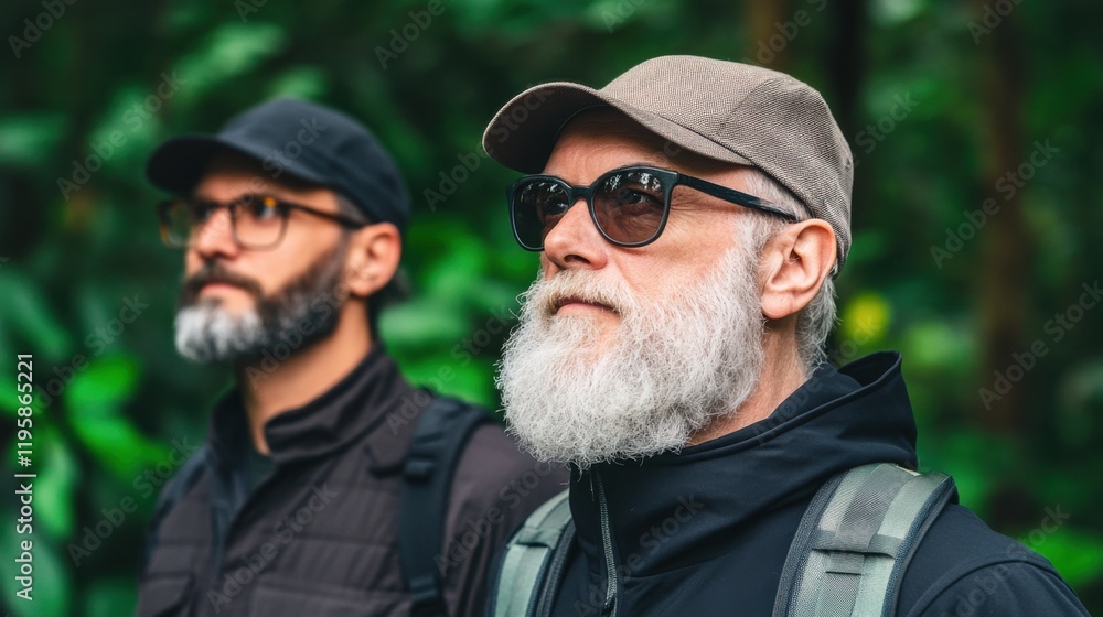 An older interracial couple enjoys a day of hiking in a lush, green forest. Both are wearing casual outdoor gear and appear content and focused. An older interracial couple enjoys a day of hiking in a lush, green forest. Both are wearing casual outdoor gear and appear content and focused.