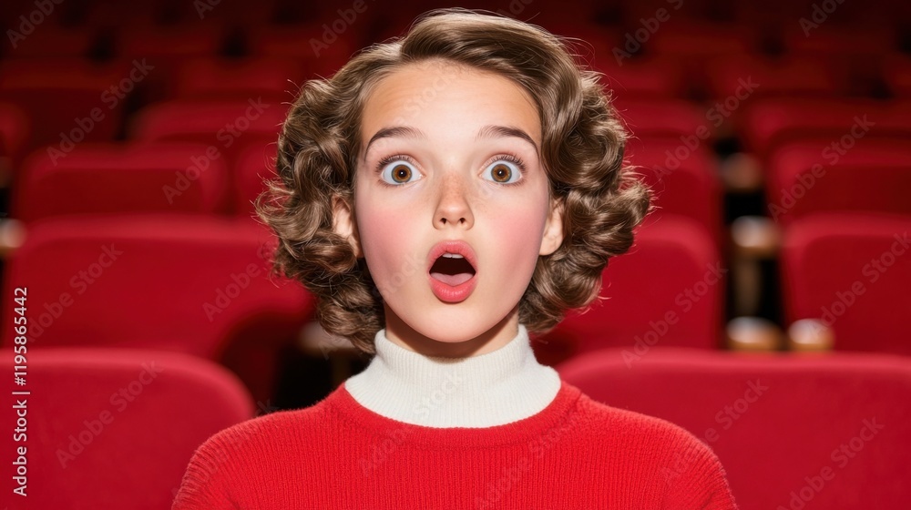 Fototapeta premium A woman in retro style with wide eyes and an open mouth, sitting in a theater with red seats, expressing great enthusiasm and surprise.