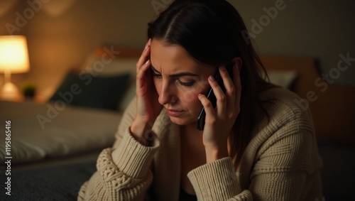 A worried woman sits on the bed, holding her head with one hand while speaking on the phone, showing signs of stress and anxiety The soft glow of a lamp adds to the dramatic evening atmosphere.