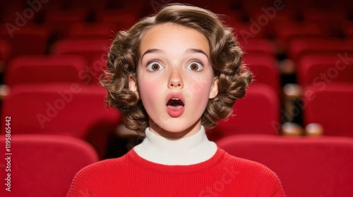 A woman in retro style with wide eyes and an open mouth, sitting in a theater with red seats, expressing great enthusiasm and surprise.