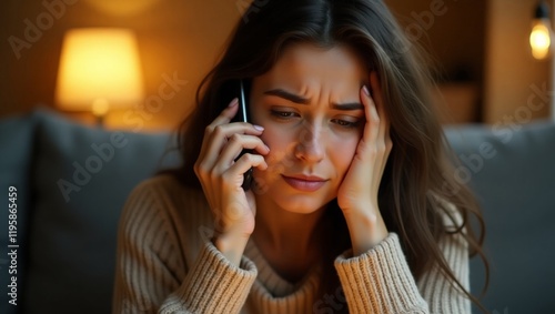 A stressed woman sits in a softly lit living room, holding her phone to her ear. She appears deep in thought, with a concerned expression as she contemplates her conversation and emotions