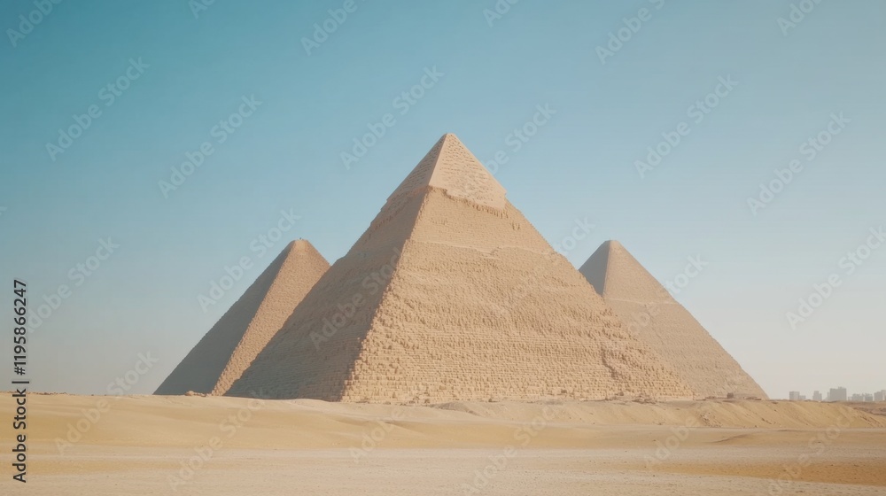 The image showcases the iconic Egyptian pyramids standing majestically in the desert under a clear blue sky, representing ancient architectural marvels.