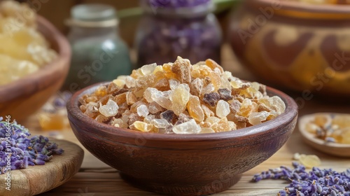 Close-up of raw amber resin in a rustic bowl, surrounded by lavender and other natural elements. photo