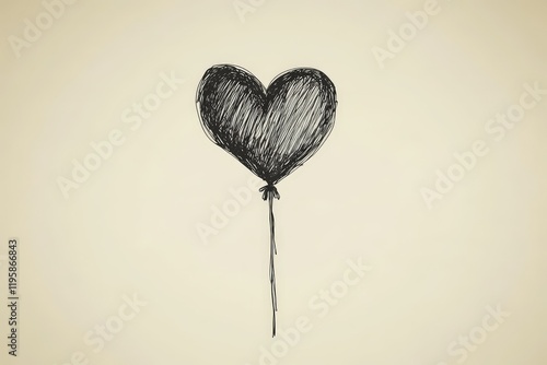 Sketch style heart shaped balloon drawn with rough black lines on a beige background representing raw emotion simplicity and artistic vulnerability photo