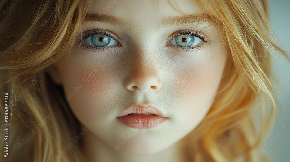 Close-up of a girl with striking blue eyes and natural freckles, featuring soft lighting and a minimalistic background Close-up of a girl with striking blue eyes and natural freckles, featuring soft lighting and a minimalistic background