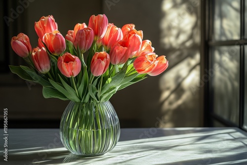Wallpaper Mural A close-up of a bouquet of pink tulips in a clear glass vase, illuminated by soft natural light Torontodigital.ca