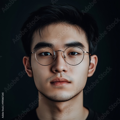A 30-year-old Korean male programmer with a large, well-built frame and a slightly oversized face that projects strength and authority, he wears thin, round metal glasses