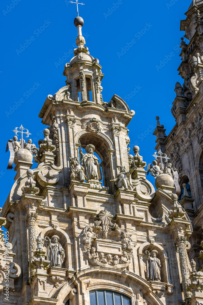 Fototapeta premium Spain, Galicia. Cathedral in Santiago de Compostela, one of the Obradoiro Towers of the cathedral