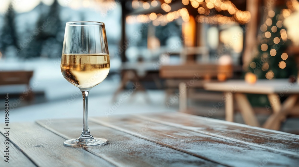 Obraz premium A glass of white wine sits on a wooden table in a festive outdoor setting with blurred lights and a cozy atmosphere, evoking a warm, celebratory mood.