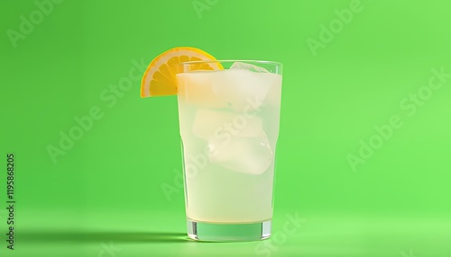 Refreshing Lemonade Drink with Ice and Orange Slice in a Glass on Green Screen Background, Isolated High Resolution Studio Shot for Commercial Use, Ideal for Advertising, Websites, and Social Media, P photo