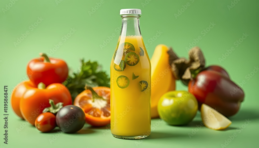 Refreshing Vegetable and Fruit Juice in Glass Bottle, Isolated on Green Screen Background. Vibrant colors, healthy lifestyle concept. Perfect for diet, nutrition, and wellness advertising. Studio sho Refreshing Vegetable and Fruit Juice in Glass Bottle, Isolated on Green Screen Background. Vibrant colors, healthy lifestyle concept. Perfect for diet, nutrition, and wellness advertising. Studio sho