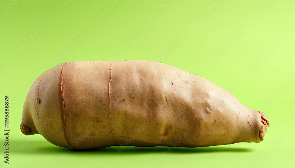 Single Pale Beige Yam Isolated on Green Screen Background Closeup Studio Shot of Elongated Tuber with Textured Skin. Healthy Food Ingredient for Cooking and Cuisine. Natural Organic Produce Photograp Single Pale Beige Yam Isolated on Green Screen Background Closeup Studio Shot of Elongated Tuber with Textured Skin. Healthy Food Ingredient for Cooking and Cuisine. Natural Organic Produce Photograp