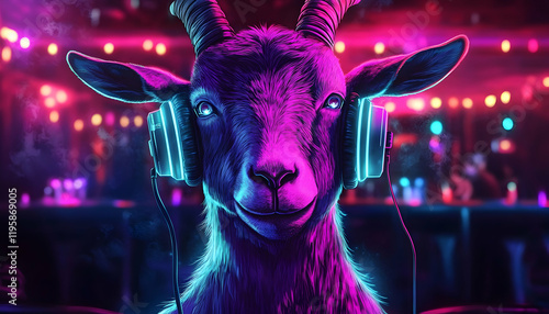 Illustration of a goat with bright neon illumination listening to music in headphones in a dark nightclub