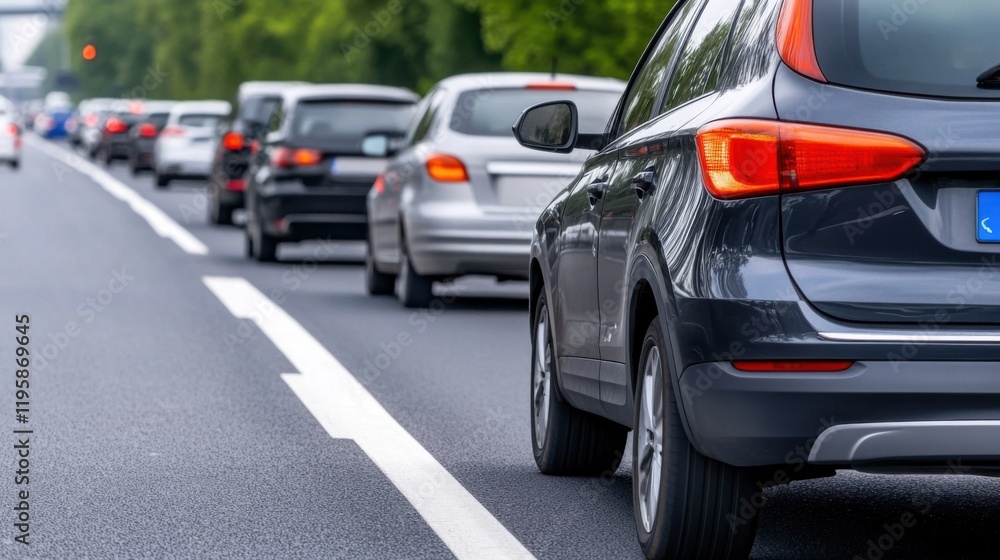 Traffic Jam on Urban Road with Vehicles Stopped in Line Under Clear Sky and Lush Green Trees in Background Traffic Jam on Urban Road with Vehicles Stopped in Line Under Clear Sky and Lush Green Trees in Background