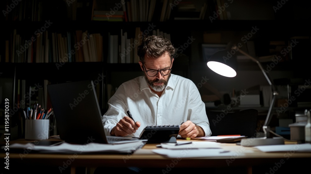 A man focused on using a calculator at his desk, surrounded by papers and a laptop, illuminated by a desk lamp in a dimly lit room. A man focused on using a calculator at his desk, surrounded by papers and a laptop, illuminated by a desk lamp in a dimly lit room.