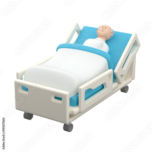 Senior male character lie down on the medical bed and looking up, 3d illustration