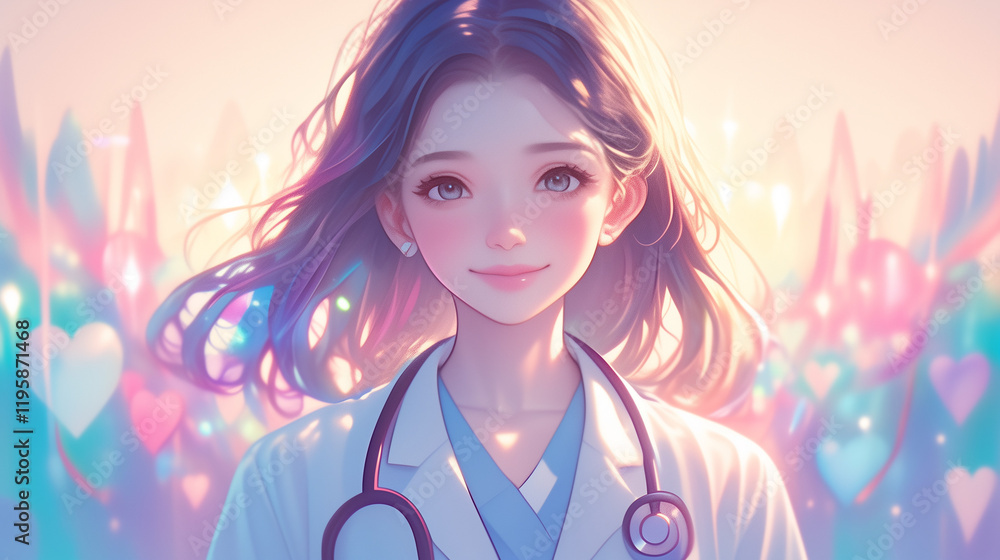 Young healthcare professional with a stethoscope smiling in a vibrant background filled with colorful heart shapes