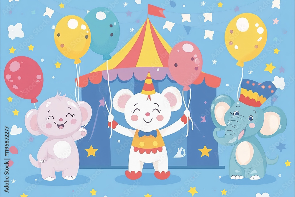 Fototapeta premium The image features a cheerful scene with a white mouse in a circus costume and two elephants, one pink and one blue, all holding balloons