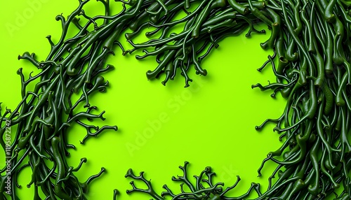 Vibrant Green Seaweed Frame on Lime Green Background, Isolated Studio Shot. Healthy Sea Vegetable, Natural Food Ingredient for Culinary Use.  Perfect for Recipes, Wellness, and Eco-Friendly Designs. T photo