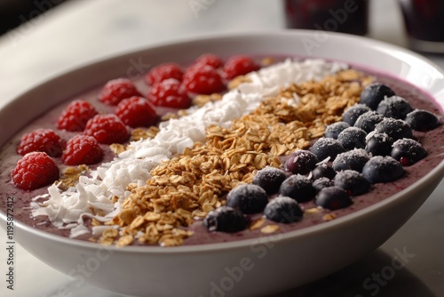Rich and vibrant smoothie bowl features an array of fresh raspberries, blueberries, granola, and shredded coconut. Perfectly presented for a nutritious start to the day