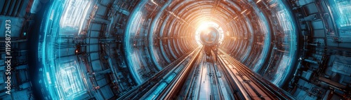 Futuristic Sci-Fi Tunnel with Vibrant Blue Lights and Dynamic Energy Flowing Towards a Bright Central Sphere in a High-Tech Environment