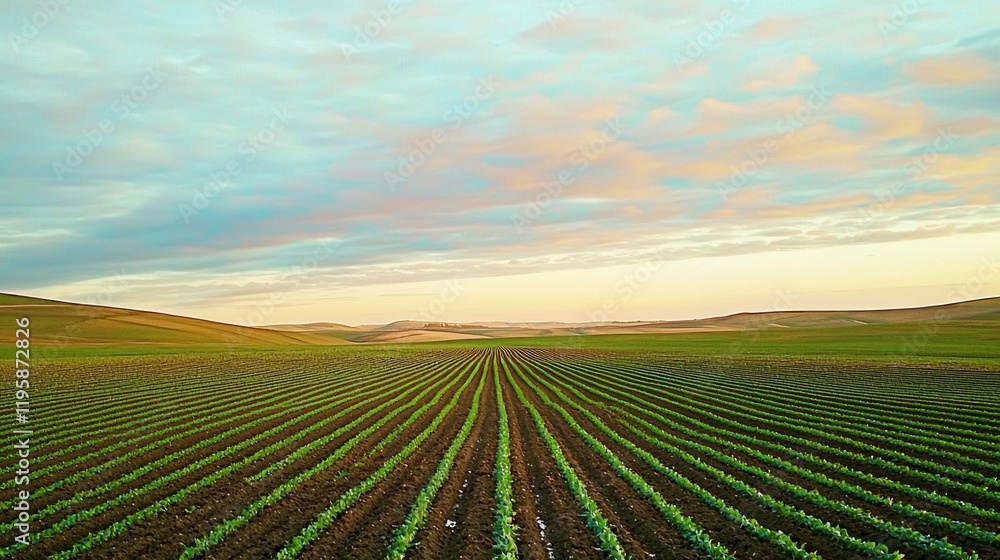 Sunrise over rows of young crops in a vast field Sunrise over rows of young crops in a vast field