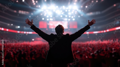 A dynamic rock concert scene with a silhouette of a performer raising arms onstage, vibrant lights illuminating a large, energetic crowd. photo