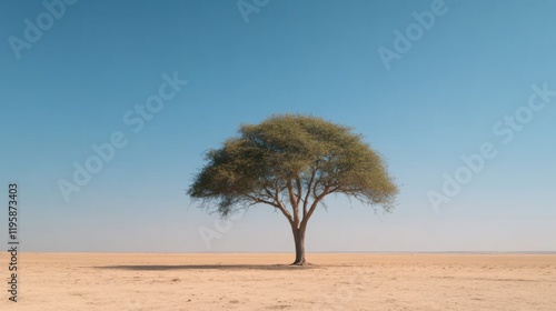 A solitary baobab tree stands on a dry, sandy savannah under a clear blue sky, exuding a sense of isolation and tranquility. photo