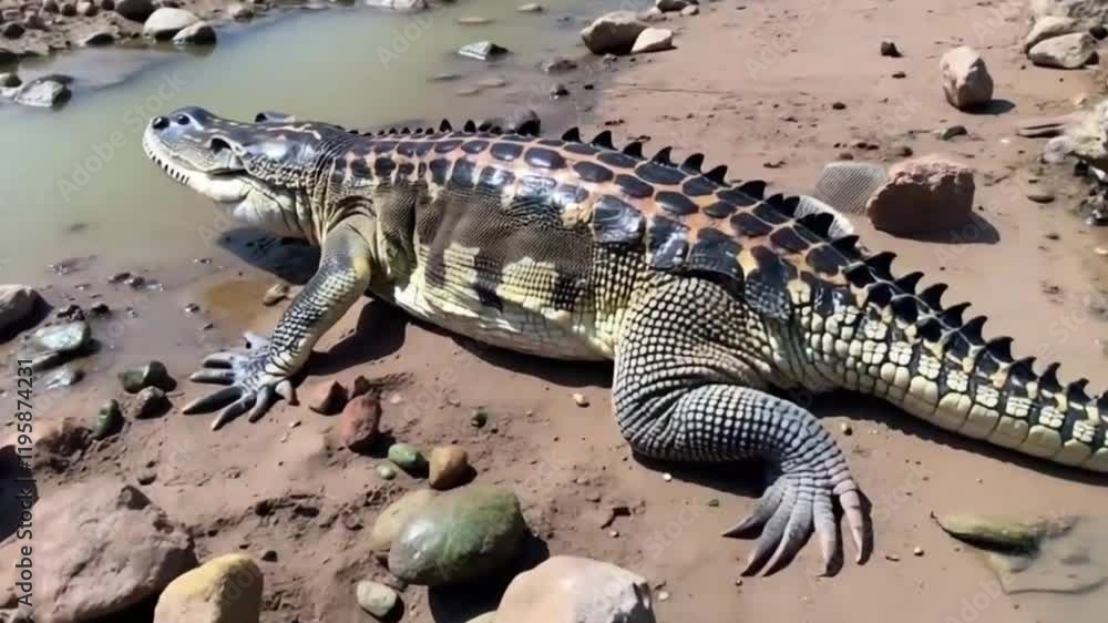 A crocodile sunning itself on a riverbank, its scaly body blending with the mud and rocks. A crocodile sunning itself on a riverbank, its scaly body blending with the mud and rocks.