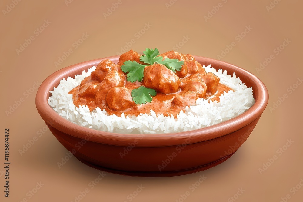 Aromatic chicken curry served with fluffy white rice and fresh cilantro garnish at sunset Aromatic chicken curry served with fluffy white rice and fresh cilantro garnish at sunset