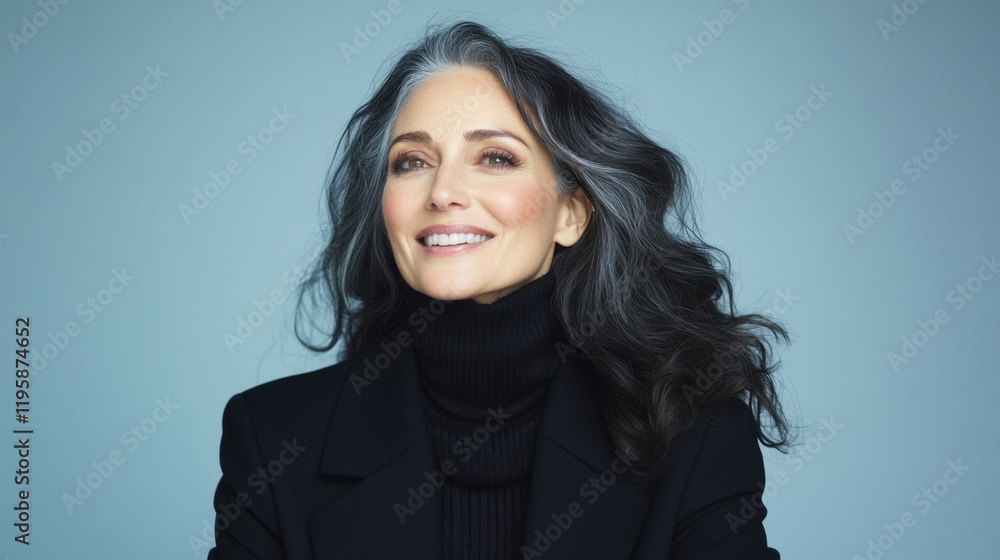 A graceful mid-aged woman with long, flowing hair and a serene smile against a soft blue background, exuding elegance and confidence. A graceful mid-aged woman with long, flowing hair and a serene smile against a soft blue background, exuding elegance and confidence.