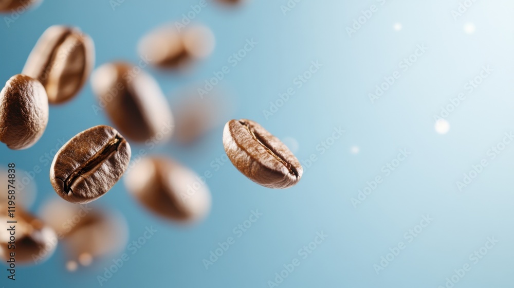 Fototapeta premium Floating roasted coffee beans with a smooth, blue blurred background create a sense of freshness and aroma.