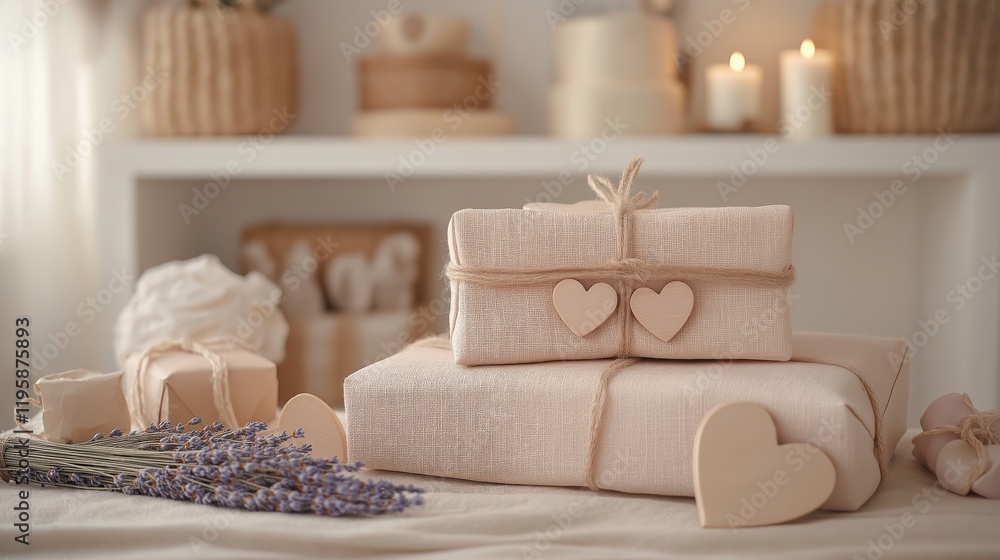 A minimalistic Valentine's Day gift arrangement featuring eco-friendly wrapped presents with dried lavender and wooden hearts in warm lighting A minimalistic Valentine's Day gift arrangement featuring eco-friendly wrapped presents with dried lavender and wooden hearts in warm lighting