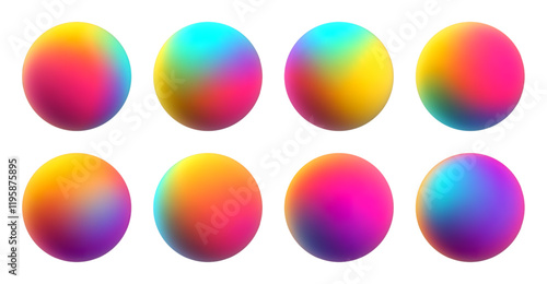 Set of colorful gradient spheres with vibrant and vivid rainbow hues for creative digital artwork designs. Colorful matte spheres set with blurred colors for creative projects. Vector illustration