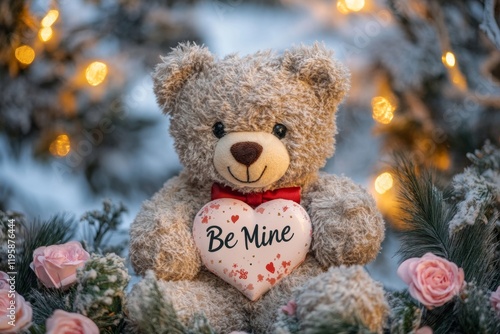 A fluffy teddy bear with a friendly expression is seated, clutching a heart-shaped sign that reads Be Mine. Surrounding it are delicate flowers and twinkling lights, creating a warm atmosphere