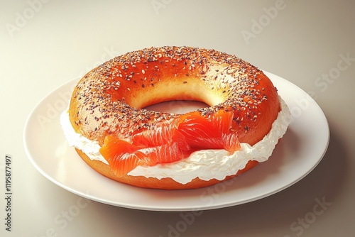 Savory bagel delicacy topped with cream cheese and smoked salmon garnished with aromatic spices during a calm morning photo