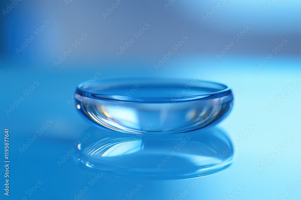 Clear glass lens on a blue background reflecting light and colors in a serene setting Clear glass lens on a blue background reflecting light and colors in a serene setting