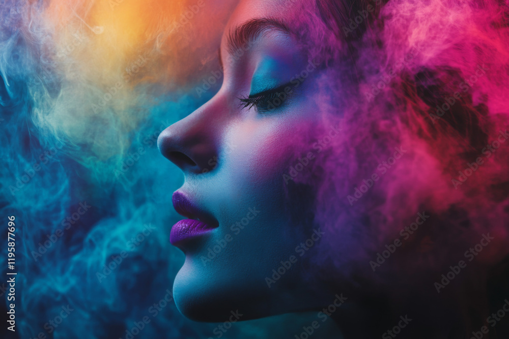 Fototapeta premium Colorful smoke envelops a profile creating a dramatic artistic expression